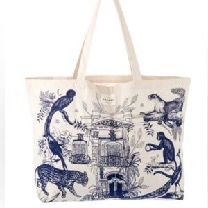 Sezane Cream Navy Canvas Travel Bag Jungle Toile Blue White Tote Shopper 21 x 13